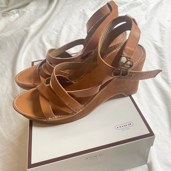 Coach Brown Leather Women's Wedge Sandals - Picture 6 of 9